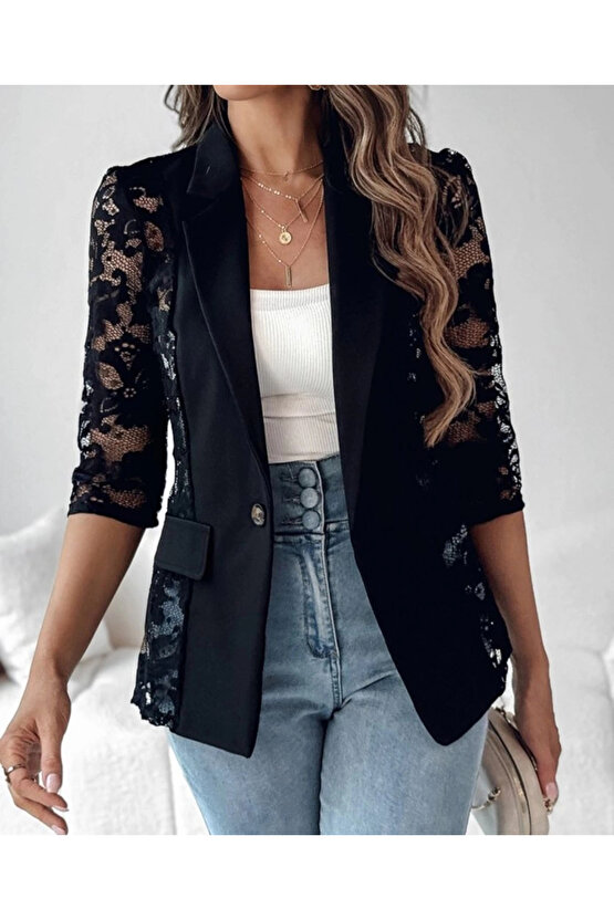 MDB Kadın Uzun Kollu Truvakar Kol önden Düğmeli Cepli Dantelli Atlas Ceket
