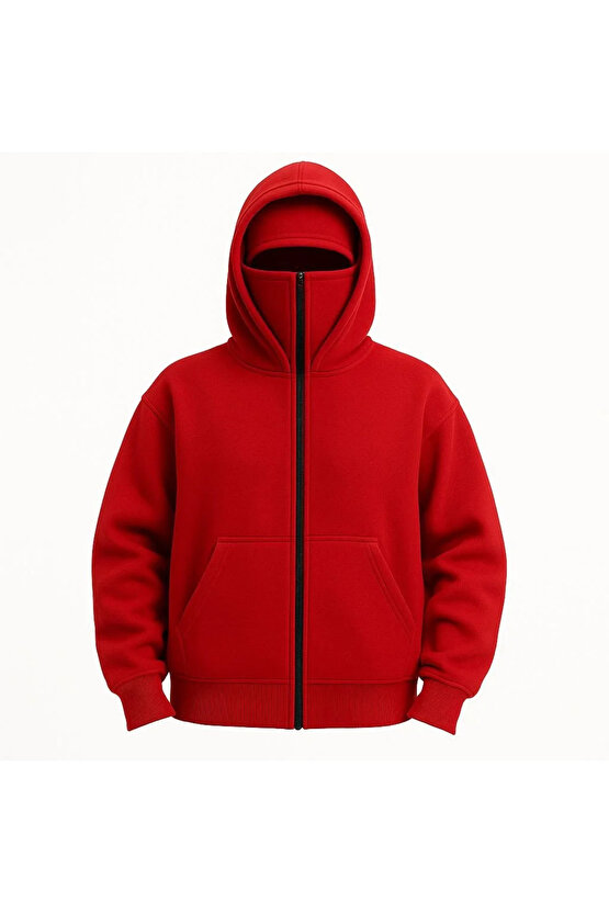 Kadın Samuray Ninja Çift Kapüşonlu Maske Detaylı Fermuarlı Kanguru Cepli Hoodie - Kırmızı