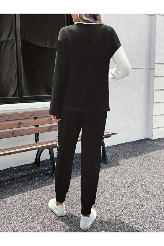 Kadın Uzun Kollu Bisiklet Yaka çift Renkli Viskon Iki Iplik Bluz Ve Pantolon Ikili Takım