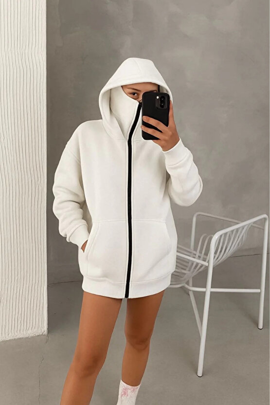 Kadın Samuray Ninja Çift Kapüşonlu Maske Detaylı Fermuarlı Kanguru Cepli Hoodie - Beyaz