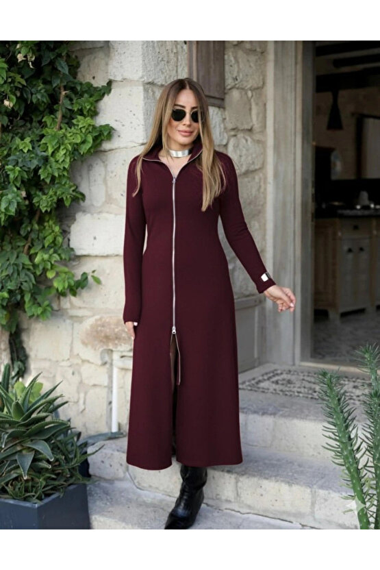 Kadın Uzun Kollu önden Fermuarlı Maxi Viskon Iki Iplik Elbise