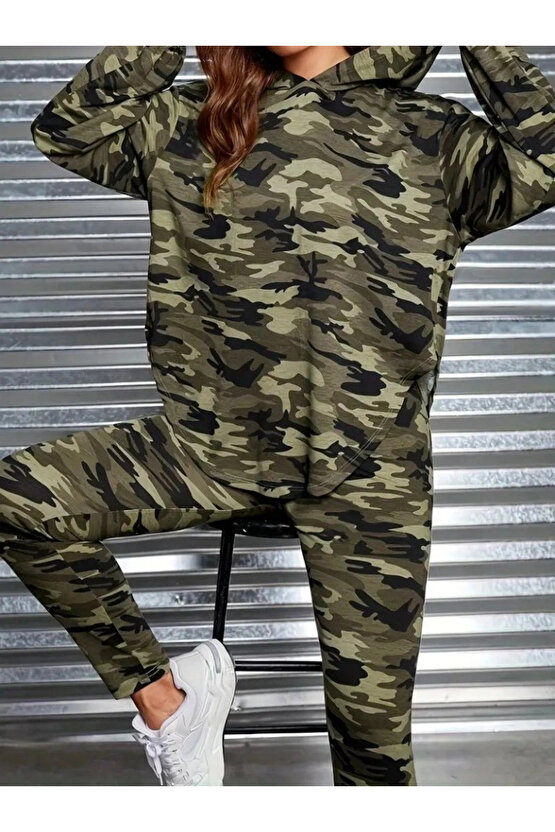Kadın Uzun Kollu Kapşonlu Kamuflaj Desenli Bluz Ve Pantolon Tayt Ikili Takım