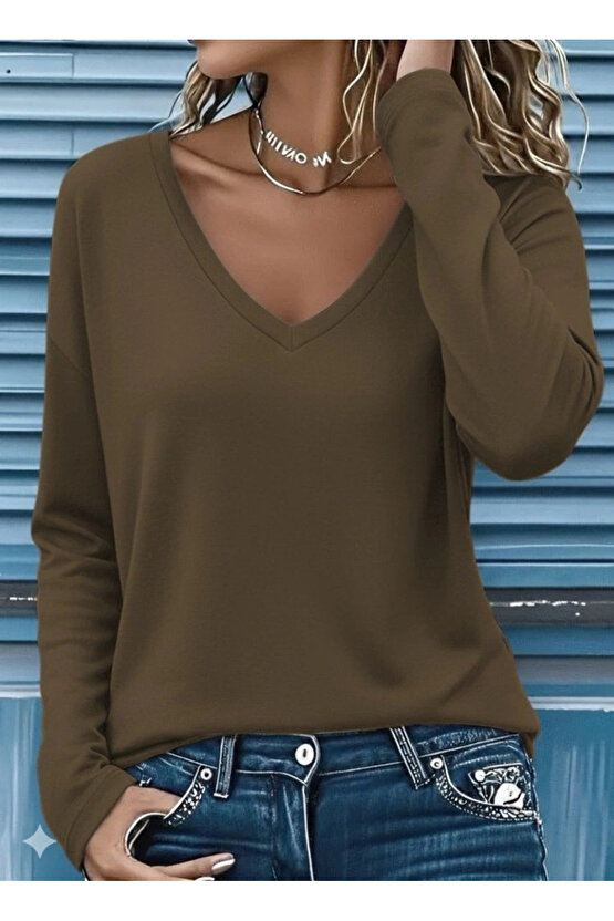 Kadın Uzun Kollu V Yakalı Viskon Iki Iplik Bluz