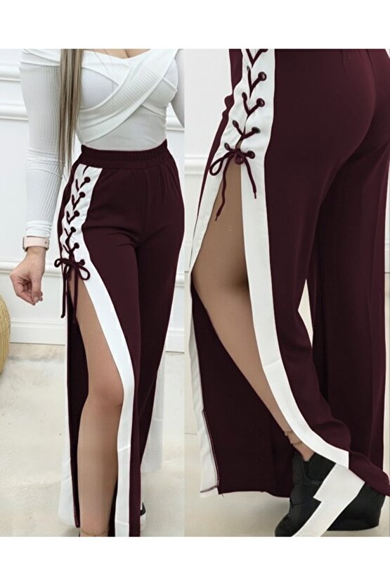 eyesof Kadın Yüksek Bel Yandan çapraz Bağcıklı Yırtmaçlı Viskon Iki Iplik Pantolon