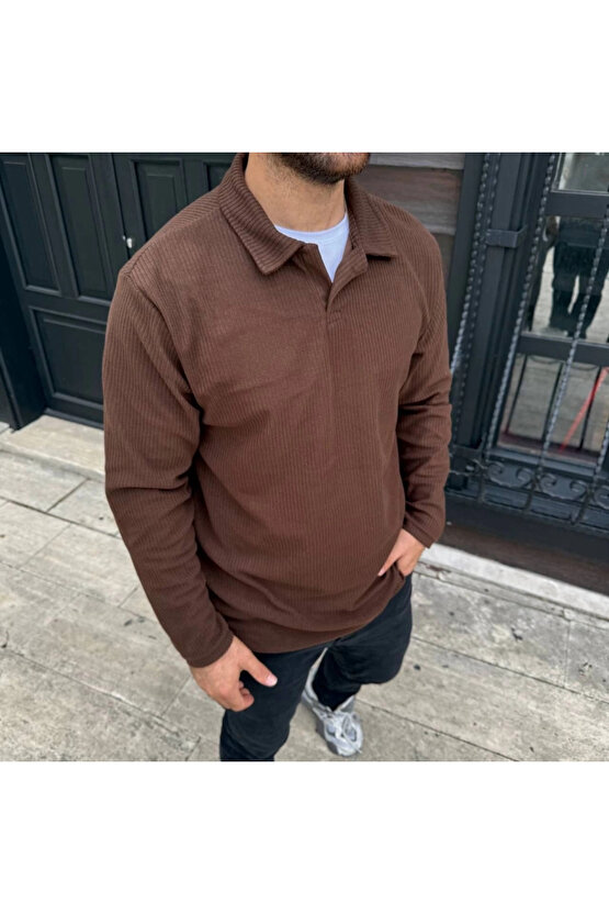 Erkek Fitilli Polar Sweatshirt – Düğmesiz Polo Yaka, Oversize Rahat Kalıp, Kalın Polar Kumaş, Kışlık