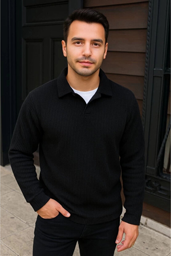 Erkek Fitilli Polar Sweatshirt – Düğmesiz Polo Yaka, Oversize Rahat Kalıp, Kalın Polar Kumaş, Kışlık