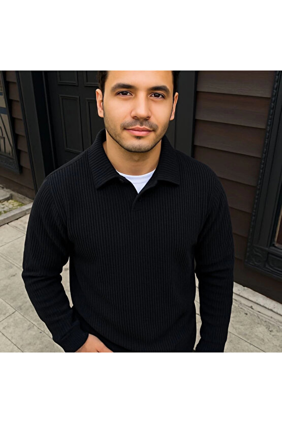 Erkek Fitilli Polar Sweatshirt – Düğmesiz Polo Yaka, Oversize Rahat Kalıp, Kalın Polar Kumaş, Kışlık