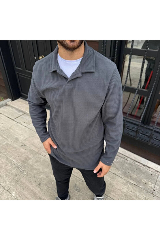 Erkek Fitilli Polar Sweatshirt – Düğmesiz Polo Yaka, Oversize Rahat Kalıp, Kalın Polar Kumaş, Kışlık