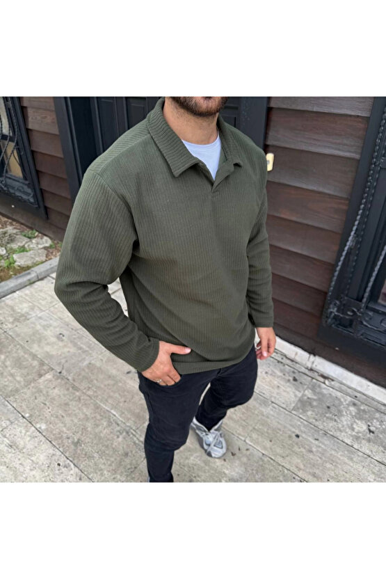 Erkek Fitilli Polar Sweatshirt – Düğmesiz Polo Yaka, Oversize Rahat Kalıp, Kalın Polar Kumaş, Kışlık