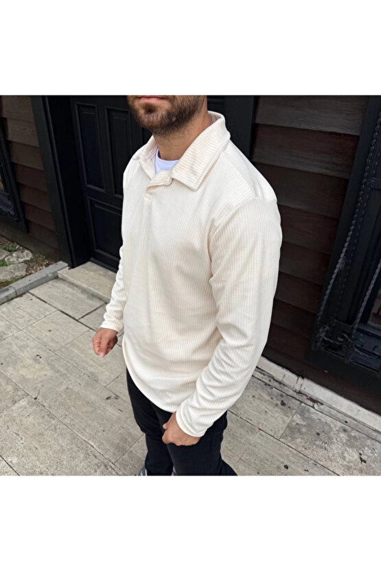 Erkek Fitilli Polar Sweatshirt – Düğmesiz Polo Yaka, Oversize Rahat Kalıp, Kalın Polar Kumaş, Kışlık