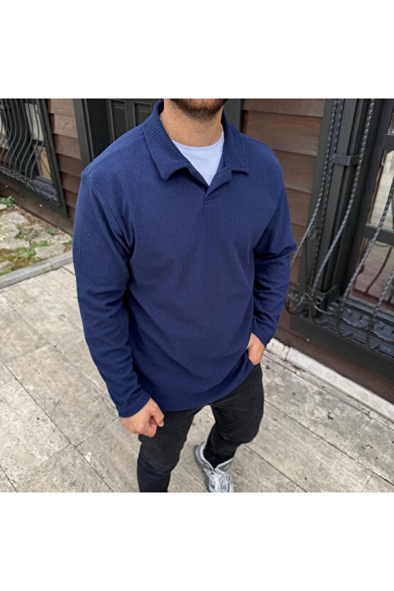 Erkek Fitilli Polar Sweatshirt – Düğmesiz Polo Yaka, Oversize Rahat Kalıp, Kalın Polar Kumaş, Kışlık