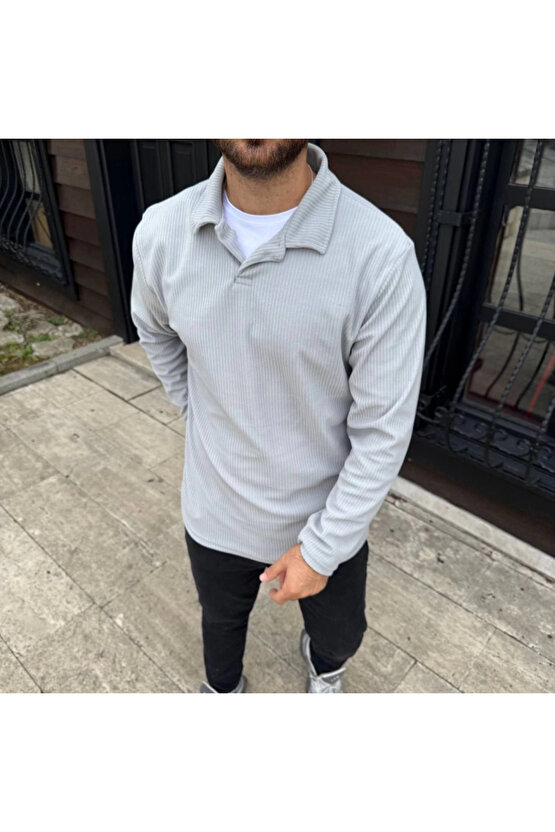 Erkek Fitilli Polar Sweatshirt – Düğmesiz Polo Yaka, Oversize Rahat Kalıp, Kalın Polar Kumaş, Kışlık