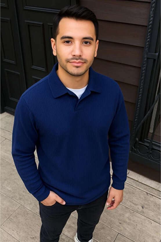 Erkek Fitilli Polar Sweatshirt – Düğmesiz Polo Yaka, Oversize Rahat Kalıp, Kalın Polar Kumaş, Kışlık