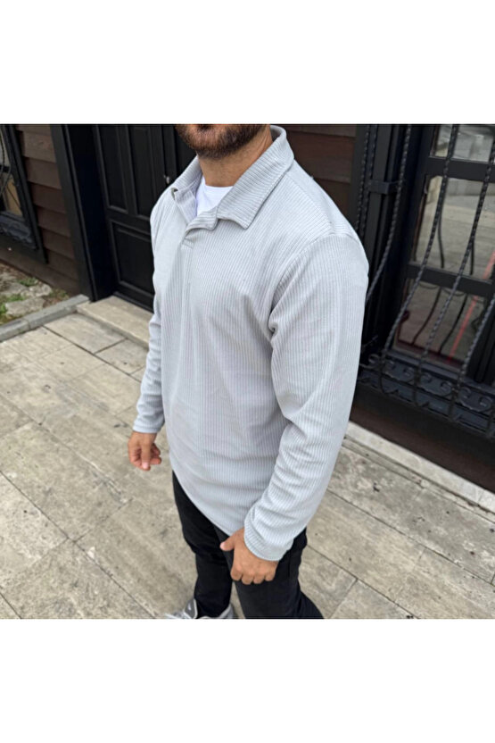 Erkek Fitilli Polar Sweatshirt – Düğmesiz Polo Yaka, Oversize Rahat Kalıp, Kalın Polar Kumaş, Kışlık