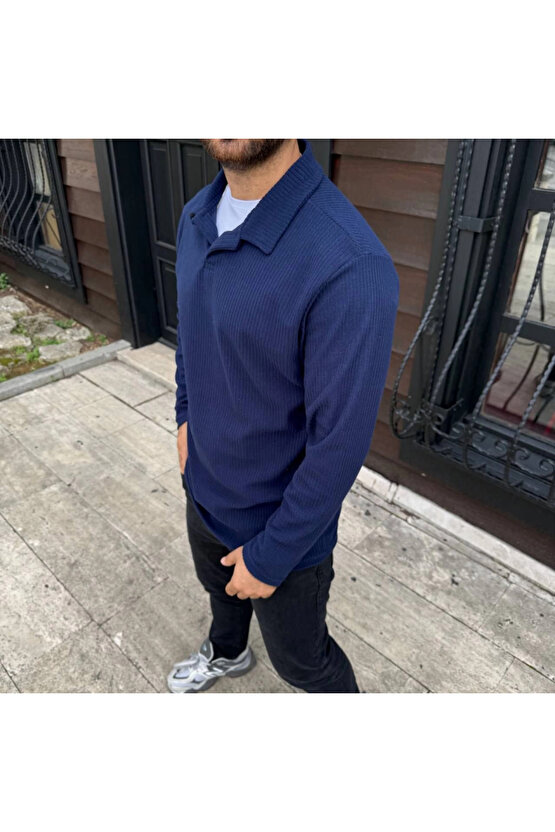 Erkek Fitilli Polar Sweatshirt – Düğmesiz Polo Yaka, Oversize Rahat Kalıp, Kalın Polar Kumaş, Kışlık