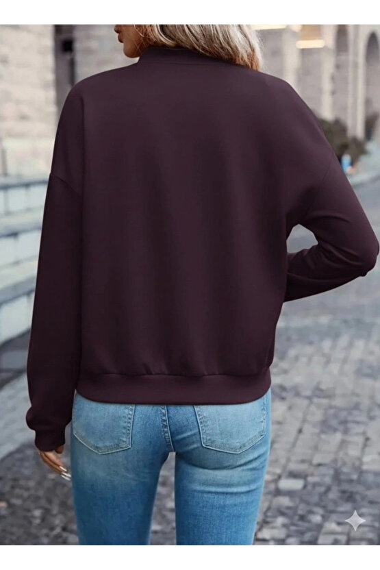 Kadın Uzun Kollu önden Fermuarlı Cepli Modal Mürdüm Ceket