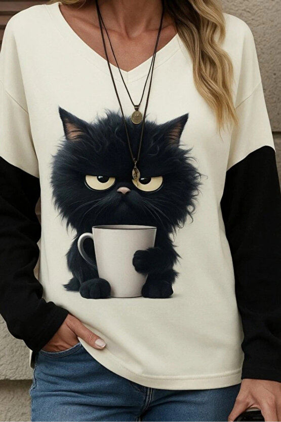 Kadın Uzun Kollu V Yakalı Kedi Baskılı şardonlu Dalgıç Bluz