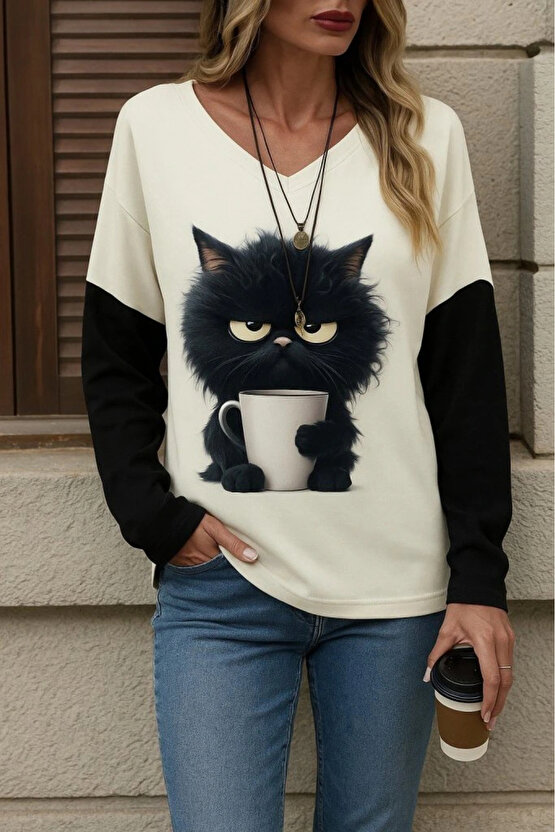 Kadın Uzun Kollu V Yakalı Kedi Baskılı şardonlu Dalgıç Bluz