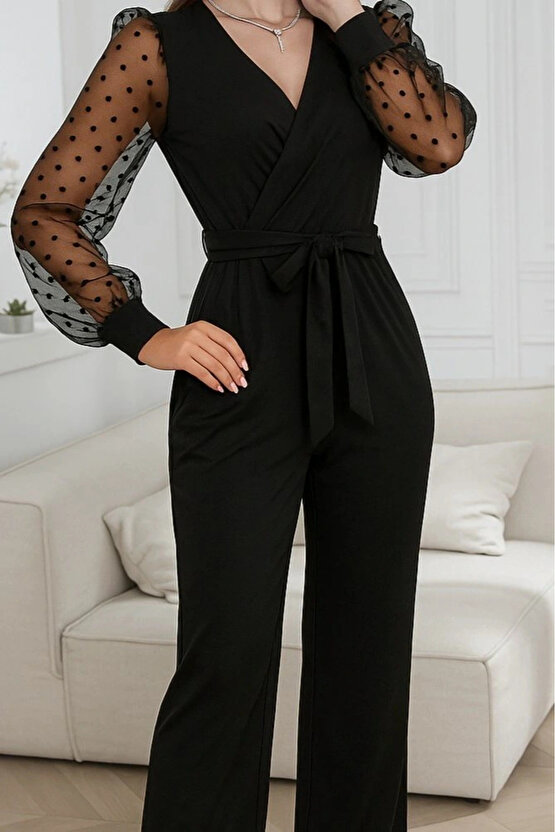 Kadın Uzun Kollu Kolları Tül Detaylı Kruvaze Yakalı Beli Kuşaklı Ithal Krep Tulum