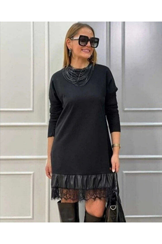 Kadın Uzun Kollu Bisiklet Yaka Etek Ucu Deri Dantelli Viskon Iki Iplik Midi Elbise