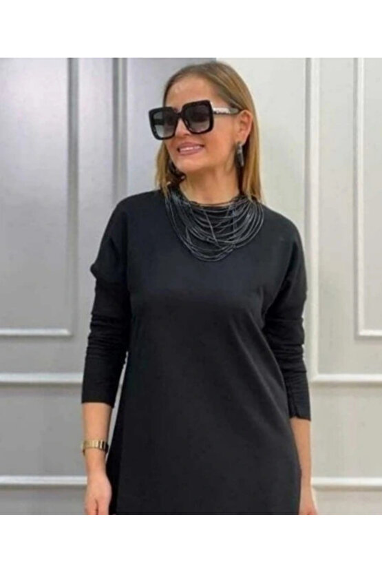 Kadın Uzun Kollu Bisiklet Yaka Etek Ucu Deri Dantelli Viskon Iki Iplik Midi Elbise