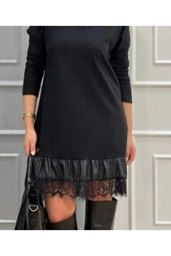 Kadın Uzun Kollu Bisiklet Yaka Etek Ucu Deri Dantelli Viskon Iki Iplik Midi Elbise