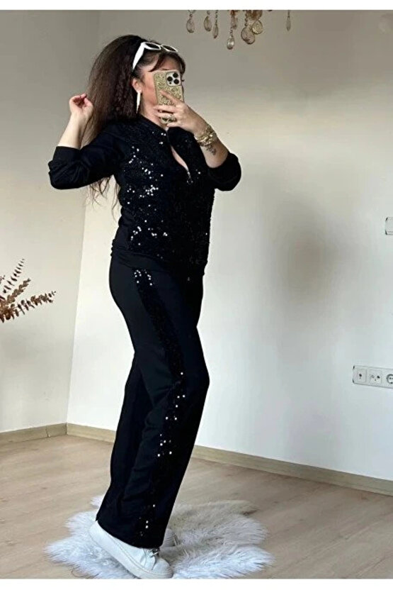 Kadın Uzun Kollu Pul Payet Detay Fermuarlı Hırka Ve Pantolon Ikili Takım