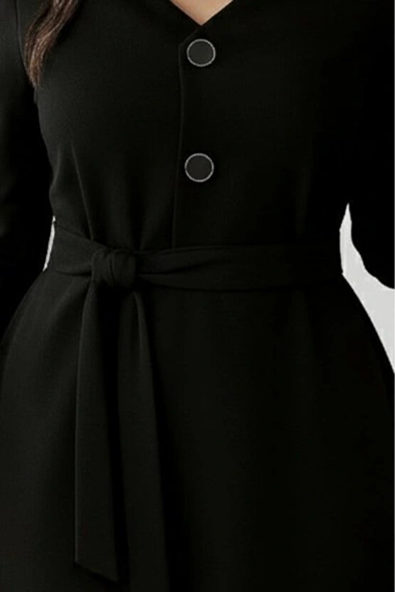 Kadın Uzun Kollu Düğme Detaylı Kendinden Kemerli Ithal Krep Elbise