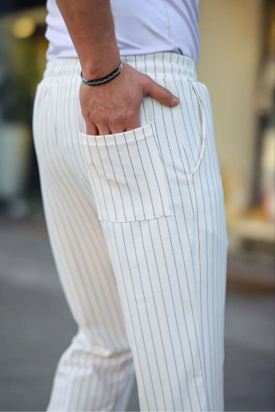 Erkek Cizgili Dokuma Krep Jogger Buggy Pantalon Rahat kalıp - Beyaz