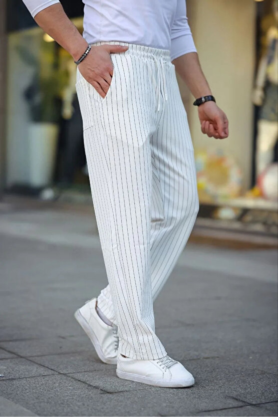 Erkek Cizgili Dokuma Krep Jogger Buggy Pantalon Rahat kalıp - Beyaz