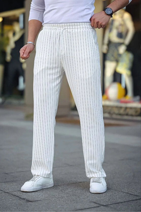 Erkek Cizgili Dokuma Krep Jogger Buggy Pantalon Rahat kalıp - Beyaz