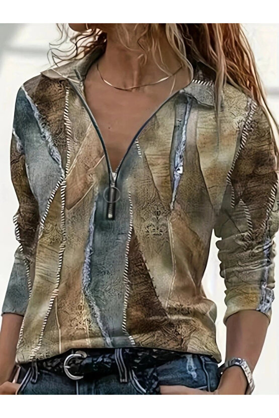 Kadın Uzun Kollu önden Fermuarlı Iki Iplik Bluz