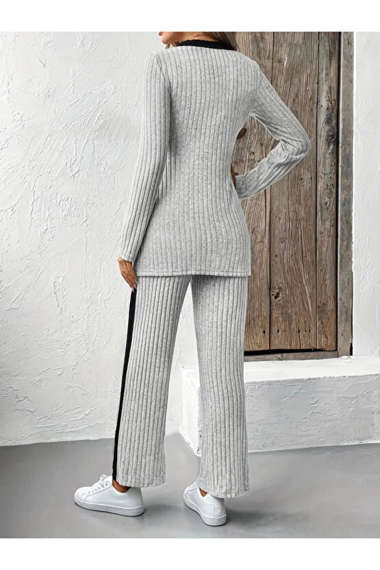 Kadın Uzun Kollu V Yakalı çapraz Detaylı şardonlu Kaşkorse Bluz Ve Pantolon Ikili Takım
