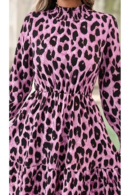 JANES Kadın Uzun Kollu Yarı Balıkçı Yaka Leopar Desenli Modal Mini Elbise