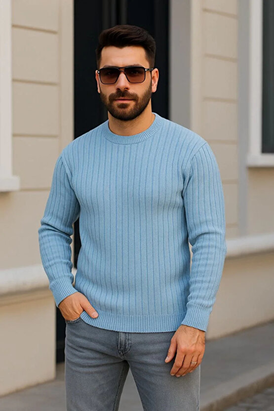 Erkek Bisiklet Yuvarlak Yaka Triko Kazak Pamuklu Kalın Fitilli Dokuma, Regular Fit Uzun Kollu Kışlık