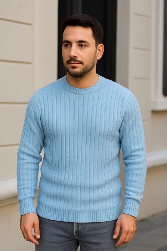 Erkek Bisiklet Yuvarlak Yaka Triko Kazak Pamuklu Kalın Fitilli Dokuma, Regular Fit Uzun Kollu Kışlık