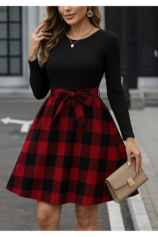 Kadın Uzun Kollu Bisiklet Yaka üst Viskon Alt Ekose Kısa Elbise
