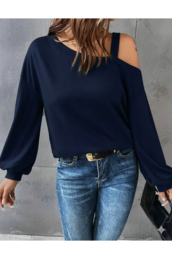 Kadın Uzun Kollu Tek Omuz Askı Detay Salaş Viskon Iki Iplik Bluz