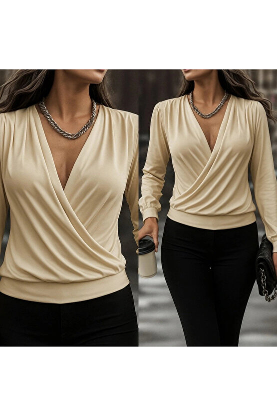 Kadın Uzun Kollu Kruvaze Yaka Sandy Bluz