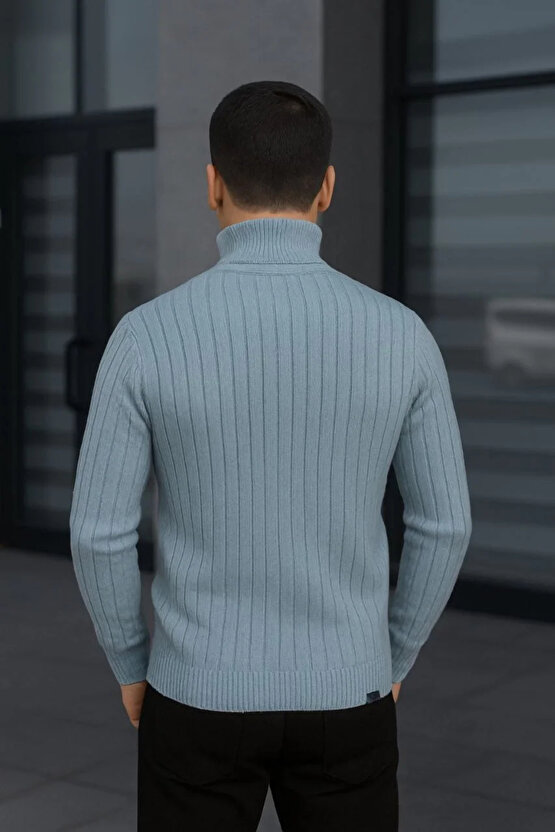 Erkek Balıkcı Yaka Bağazlı Triko Kazak Pamuklu Kalın Fitilli Dokuma, Regular Fit Uzun Kollu Kışlık M