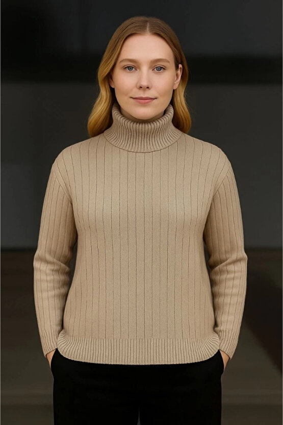 Balıkcı Yaka Bağazlı Triko Kazak Pamuklu Kalın Fitilli Dokuma - Bej