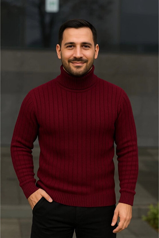 Erkek Balıkcı Yaka Bağazlı Triko Kazak Pamuklu Kalın Fitilli Dokuma, Regular Fit Uzun Kollu Kışlık M