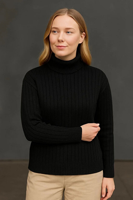Kadın Balıkcı Yaka Bağazlı Triko Kazak Pamuklu Kalın Fitilli Dokuma - Siyah