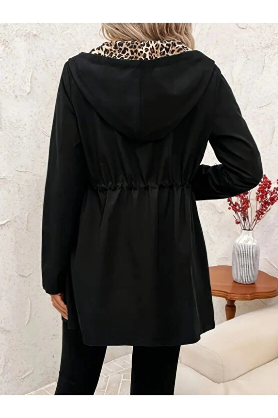 Kadın Uzun Kollu Kapşonlu çift Taraflı Cepli Bağcıklı Fermuarlı Viskon Iki Iplik Ceket