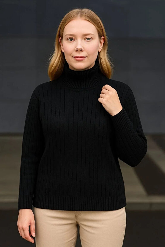 Kadın Balıkcı Yaka Bağazlı Triko Kazak Pamuklu Kalın Fitilli Dokuma - Siyah