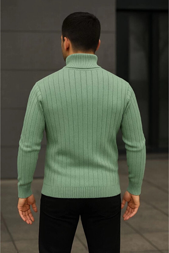 Erkek Balıkcı Yaka Bağazlı Triko Kazak Pamuklu Kalın Fitilli Dokuma, Regular Fit Uzun Kollu Kışlık M