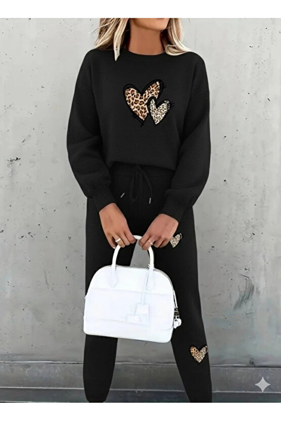 MDB Kadın Uzun Kollu Bisiklet Yaka Kalp Desenli şardonlu üç Iplik Bluz Ve Pantolon Ikili Takım