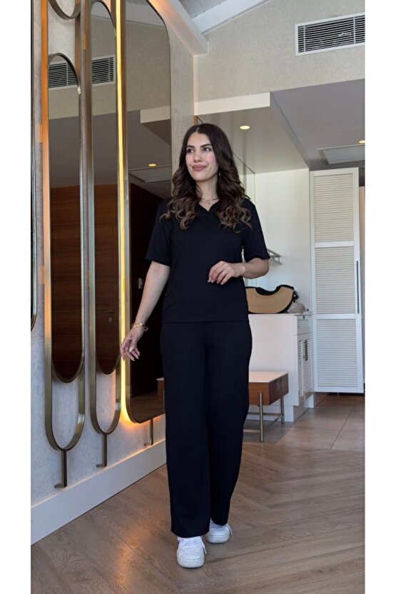 Kadın Kısa Kollu Yakalı Viskon Iki Iplik Bluz Ve Pantolon Ikili Takım