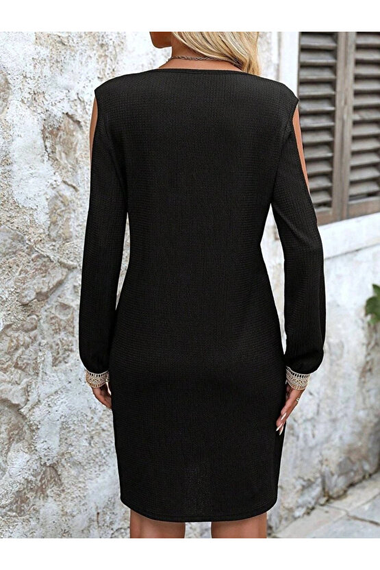 Kadın Uzun Kollu Omuzdan Açık V Dantel Yakalı Mini Waffle Elbise