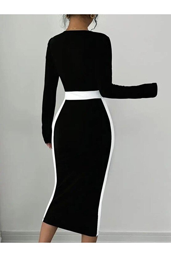 Kadın Uzun Kollu Geometrik Yaka Midi Ithal Krep Elbise